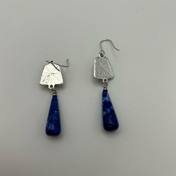 Beautiful Faux Lapis Lazuli Blue Stone Teardrop Dangle Earrings Silver Tone Hook - Picture 8 of 10